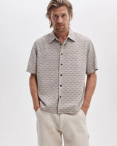 Men’s Rag & Bone Dalton Jacquard Short Sleeve Shirt in Pale Taupe SS Valentine Stripe with button front and subtle jacquard stripe pattern.