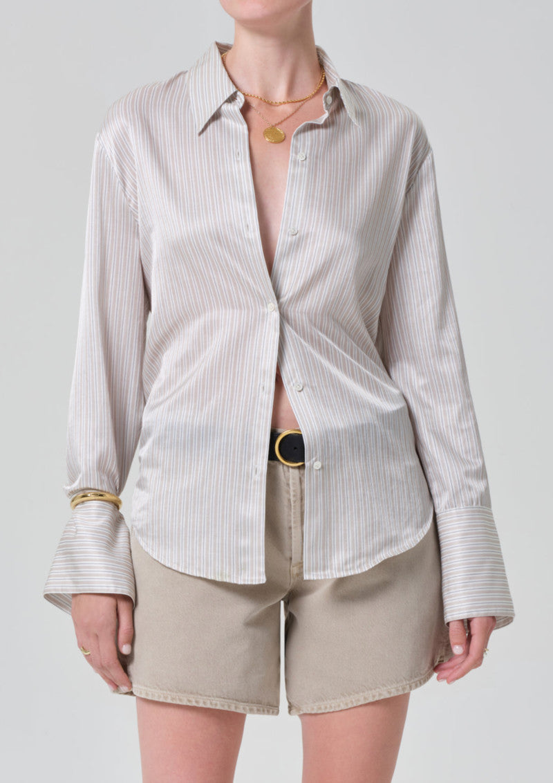 Citizens of Humanity Camilla Shirt Top in sandstone stripe — cotton silk blend women's top at Low Key Fashion House Key West