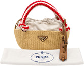 Prada Raffia Bucket Bag Natural w/ Crochet Red Handle w/ Gold Hardware