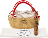 Prada Raffia Bucket Bag Natural w/ Crochet Red Handle w/ Gold Hardware
