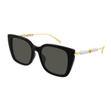 Gucci Aurora oversized square sunglasses in black with grey lenses and pearl-embellished gold temples, front view
