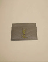 Saint Laurent Cassandre Card Case Chevron Leather Dark Beige w/ Gold Hardware
