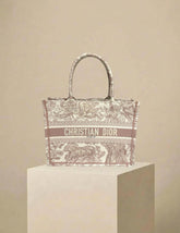 Dior Medium Book Tote Bag Ecru & Pink Embroidery
