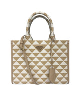 Prada Small Symbole Triangle Jacquard Tote Bag Beige w/ Gold Hardware