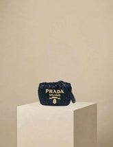Prada Raffia Small Embroidered Logo Crossbody Bag Black w/ Gold Hardware