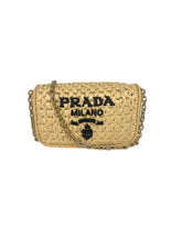 Prada Raffia Embroidered Logo Crossbody Bag w/ Chain Strap Natural w/ Gold Hardware
