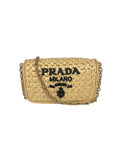 Prada Raffia Embroidered Logo Crossbody Bag w/ Chain Strap Natural w/ Gold Hardware