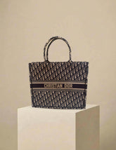 Dior Large Book Tote Bag Ecru & Blue Oblique Embroidery