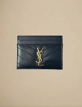 Saint Laurent Cassandre Card Case Chevron Leather Black w/ Gold Hardware