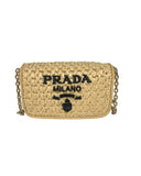 Prada Raffia Embroidered Logo Crossbody Bag w/ Chain Strap Natural w/ Gold Hardware