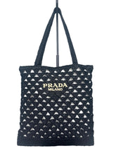 Prada Small Raffia Embroidered Triangle Logo Tote Bag Black w/ Gold Hardware