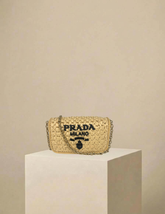 Prada Raffia Embroidered Logo Crossbody Bag w/ Chain Strap Natural w/ Gold Hardware