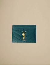 Saint Laurent Cassandre Card Case Chevron Leather Teal w/ Gold Hardware