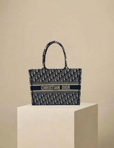 Dior Medium Book Tote Bag Ecru & Blue Oblique Embroidery