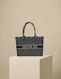 Dior Medium Book Tote Bag Ecru & Blue Oblique Embroidery