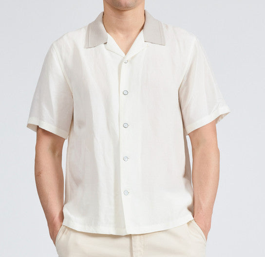 Rag & Bone Avery slub short sleeve linen blend camp shirt in chalk with contrast knit notch collar and button front closure