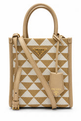 Prada Symbole Triangle Jacquard Shopper Tote Bag Beige w/ Gold Hardware