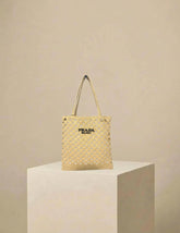 Prada Small Raffia Embroidered Triangle Logo Tote Bag Natural w/ Gold Hardware