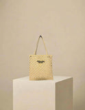 Prada Small Raffia Embroidered Triangle Logo Tote Bag Natural w/ Gold Hardware