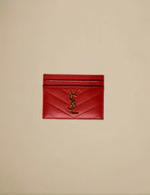 Saint Laurent Cassandre Card Case Chevron Leather Coral Red w/ Gold Hardware