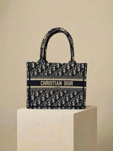 Dior Small Book Tote Bag Ecru & Blue Oblique Embroidery