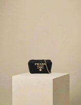 Prada Raffia Embroidered Logo Crossbody Bag w/ Chain Strap Black w/ Gold Hardware