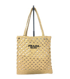 Prada Small Raffia Embroidered Triangle Logo Tote Bag Natural w/ Gold Hardware
