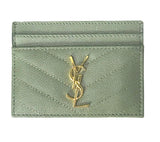 Saint Laurent Cassandre Card Case Chevron Leather Sage w/ Gold Hardware