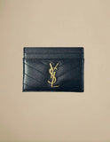 Saint Laurent Cassandre Card Case Chevron Leather Black w/ Gold Hardware