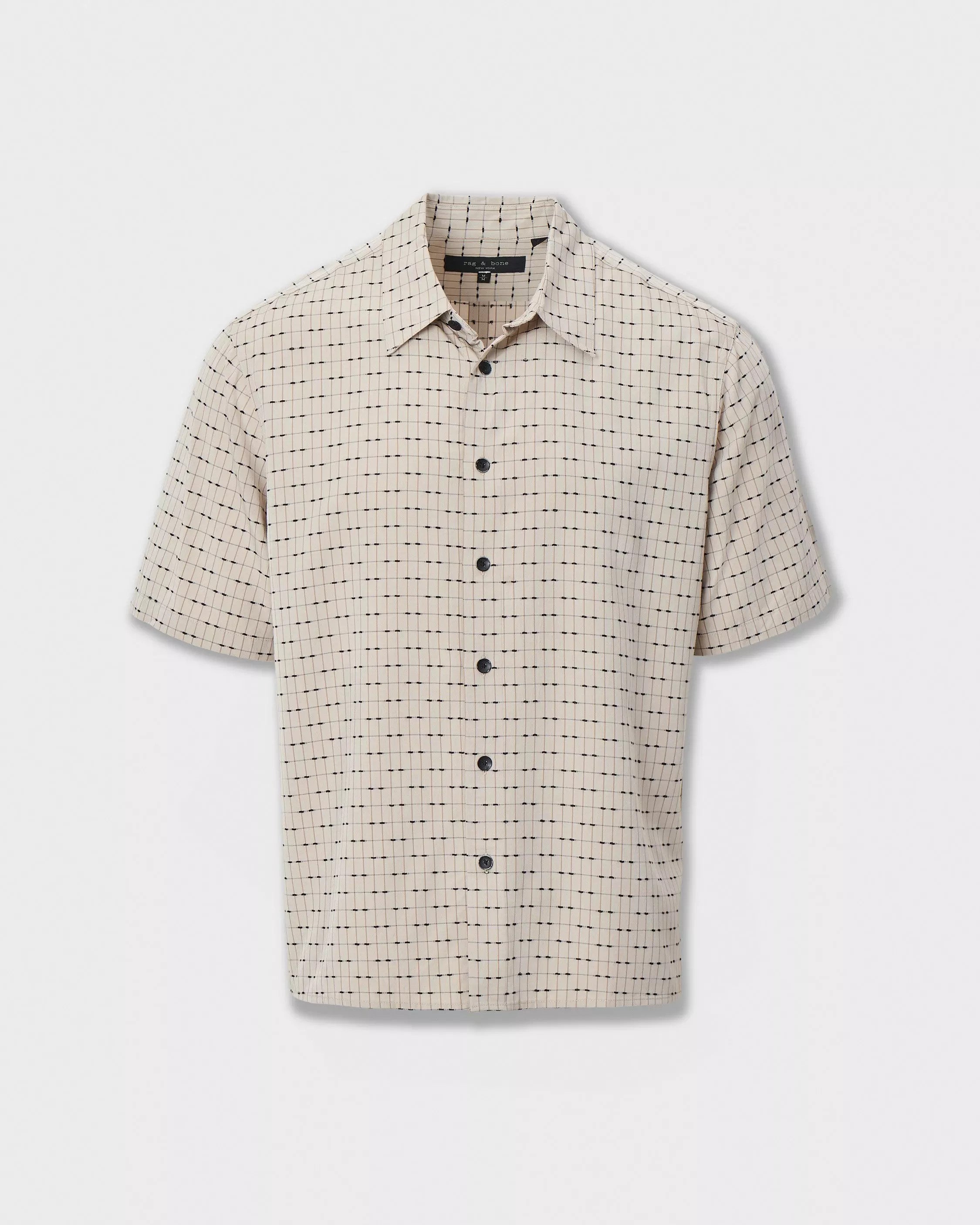 Men’s Rag & Bone Dalton Jacquard Short Sleeve Shirt in Pale Taupe SS Valentine Stripe with button front and subtle jacquard stripe pattern.