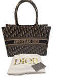 Dior Medium Book Tote Bag Ecru & Blue Oblique Embroidery