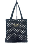 Prada Small Raffia Embroidered Triangle Logo Tote Bag Black w/ Gold Hardware