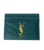 Saint Laurent Cassandre Card Case Chevron Leather Teal w/ Gold Hardware
