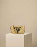 Prada Raffia Embroidered Logo Crossbody Bag w/ Chain Strap Natural w/ Gold Hardware