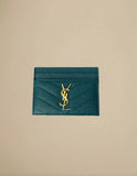 Saint Laurent Cassandre Card Case Chevron Leather Teal w/ Gold Hardware