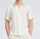 Rag & Bone Avery slub short sleeve linen blend camp shirt in chalk with contrast knit notch collar and button front closure