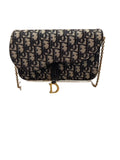 Dior Saddle Pouch Bag with Chain Blue Oblique Embroidery