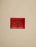 Saint Laurent Cassandre Card Case Chevron Leather Coral Red w/ Gold Hardware