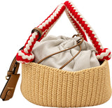 Prada Raffia Bucket Bag Natural w/ Crochet Red Handle w/ Gold Hardware